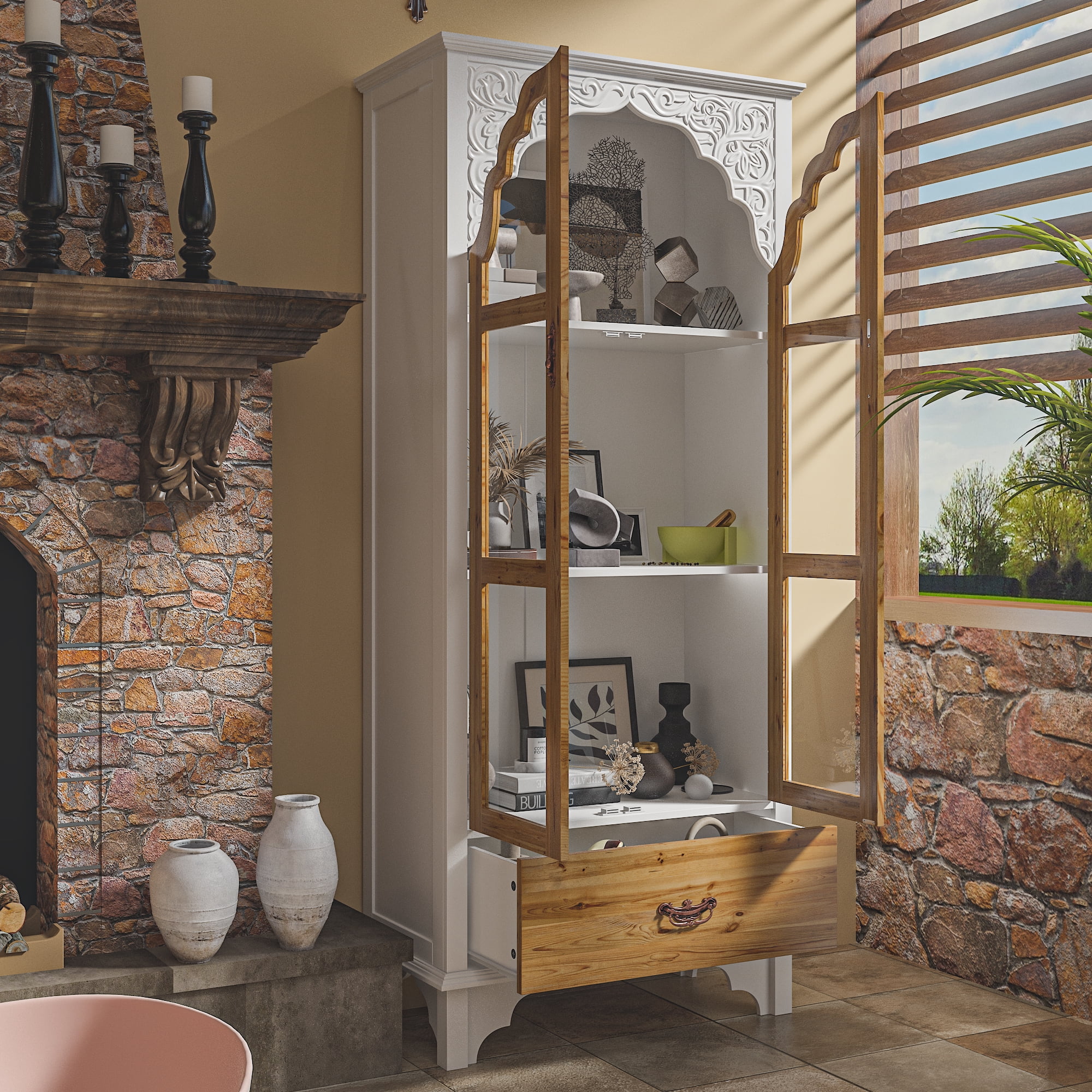 OXYLIFE Bookcase Display Cabinet with Glass Doors, 3 Tier Shelves and Drawer for Living Room
