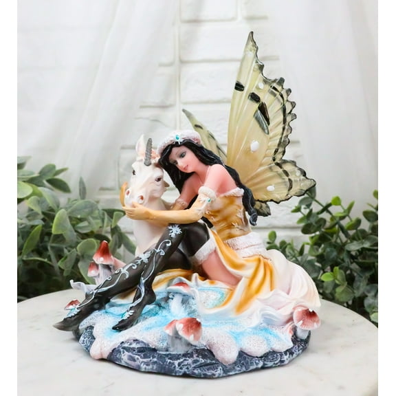 Ebros Winter Butterfly Fairy with White Unicorn On Mushrooms Figurine 6.5" Long