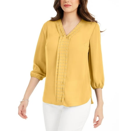 JM Collection Women's Solid Studded Pleated Blouse Gold Size Large