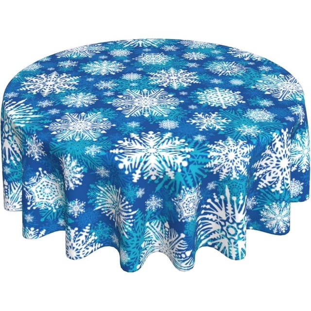 Winter Snowflake Tablecloth Round Snow Seasonal Blue Table Cloths Circular Table Cover Washable Wipeable Polyester Tabletop Holiday for Dining Kitchen Picnic Party Decor 60 Inch