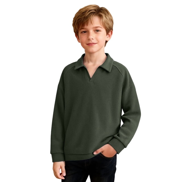 Camisas de Manga Larga para Niños Tamaño 12-14 Juventud Color Sólido Top de Cuello de Solapa para Chico, Camisa de Botón de Manga Larga Casual para Uso Diario