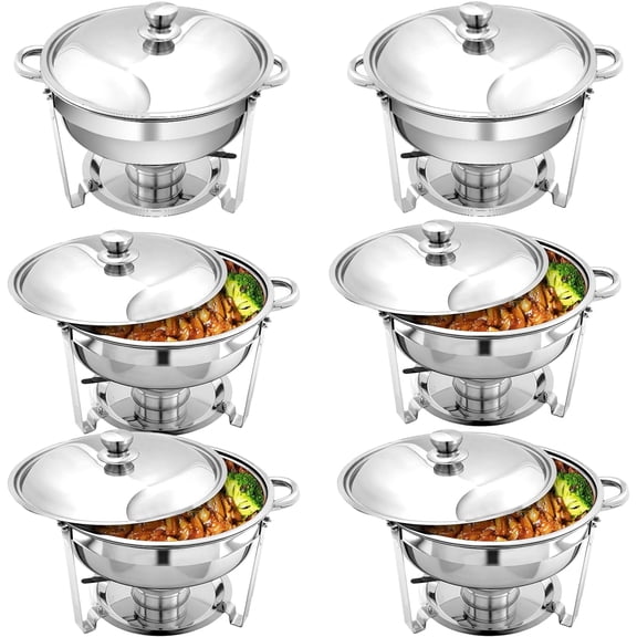 EVGTTI 6 Pack 5QT Round Chafing Dish Buffet Set, High Grade Stainless Steel Chafing Dish with Foldable Frame for Parties, Events