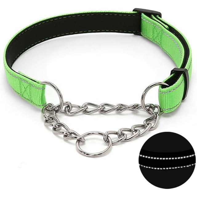 Collier pour Chien Martingale avec Chaîne en Acier Inoxydable, Collier Réfléchissant en Nylon Rembourré Doux Réglable, Chaîne Robuste Sans Traction pour l'Entraînement à la Marche pour Grands, Moyens, Petits Chiens (Vert, 16.5 Pouces - 27.6 Pouces)