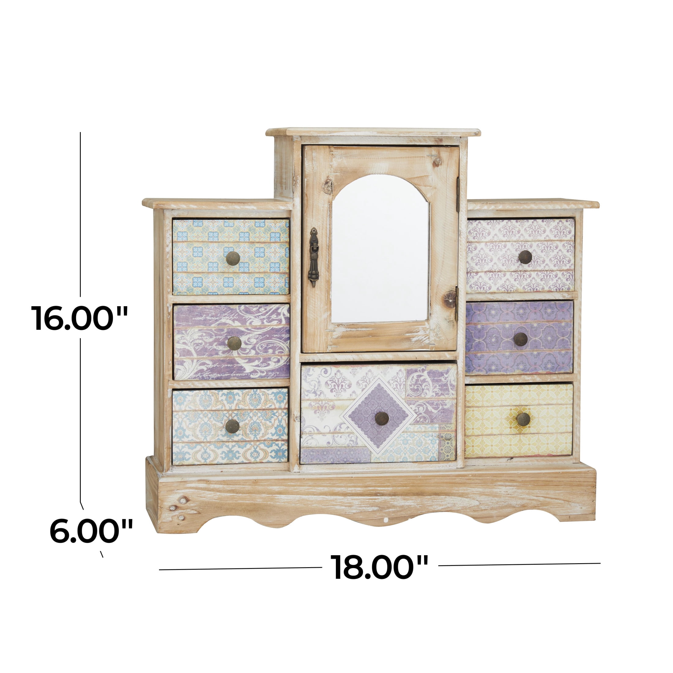 DecMode Scroll 7 Drawers Light Brown Wooden Decorative Jewelry Box with Patchwork Patterns