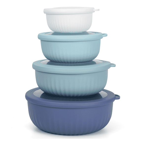 Mixing Bowl Set with Lids 8 Piece, Plastic Nesting Bowls for Kitchen, Food Prep & Baking - Dishwasher Safe Space Saving Bowls, Blue