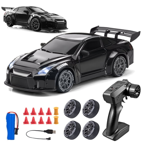 RC Drift Car, 1:24 Remote Control Car for Kids, 20KM/H 4WD Mini Fast RC Car with Lights, Extra Racing Tires, 2.4Ghz Racing Car for Boys Girls, Black