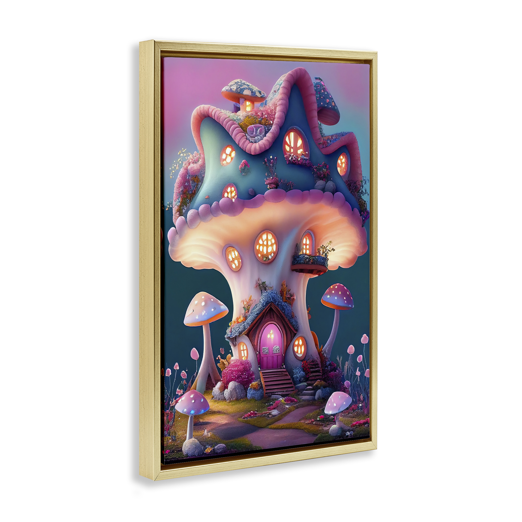 Stupell Industries Mushroom Cottage House Town & City Painting Gold Floater Framed Art Print Wall Art, 21 x 31