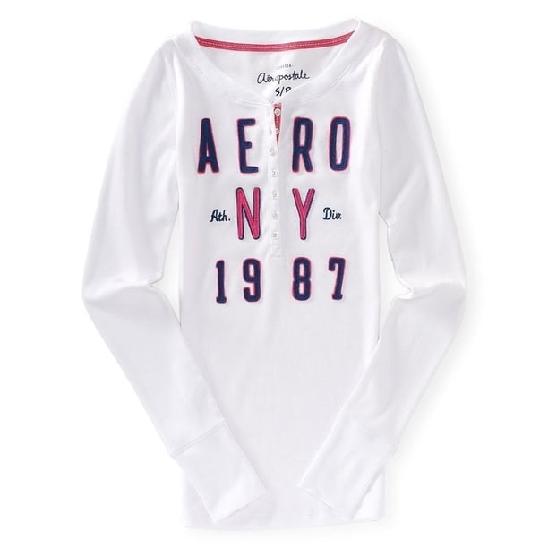 Aeropostale Mujeres Ny Thermal Henley Shirt, Blanco, Mediano Aeropostale henley