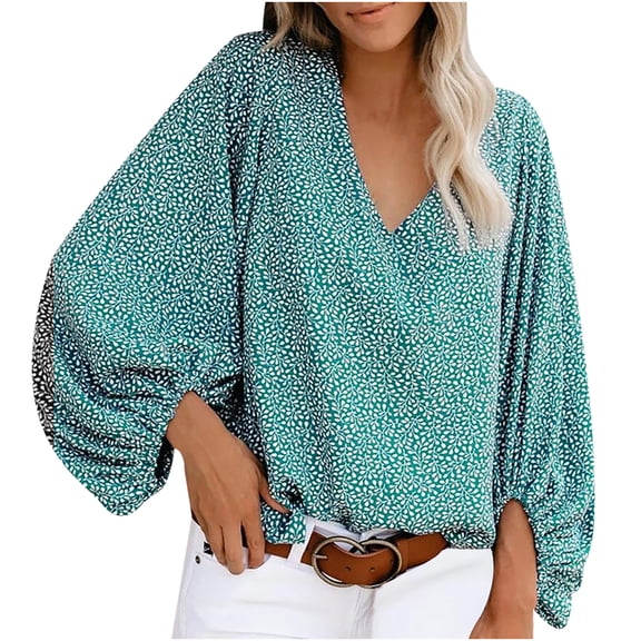 Ichuanyi Womens Tops Summer Ladies V-neck Loose Comfortable Shirt Floral Print Lantern Sleeve Top