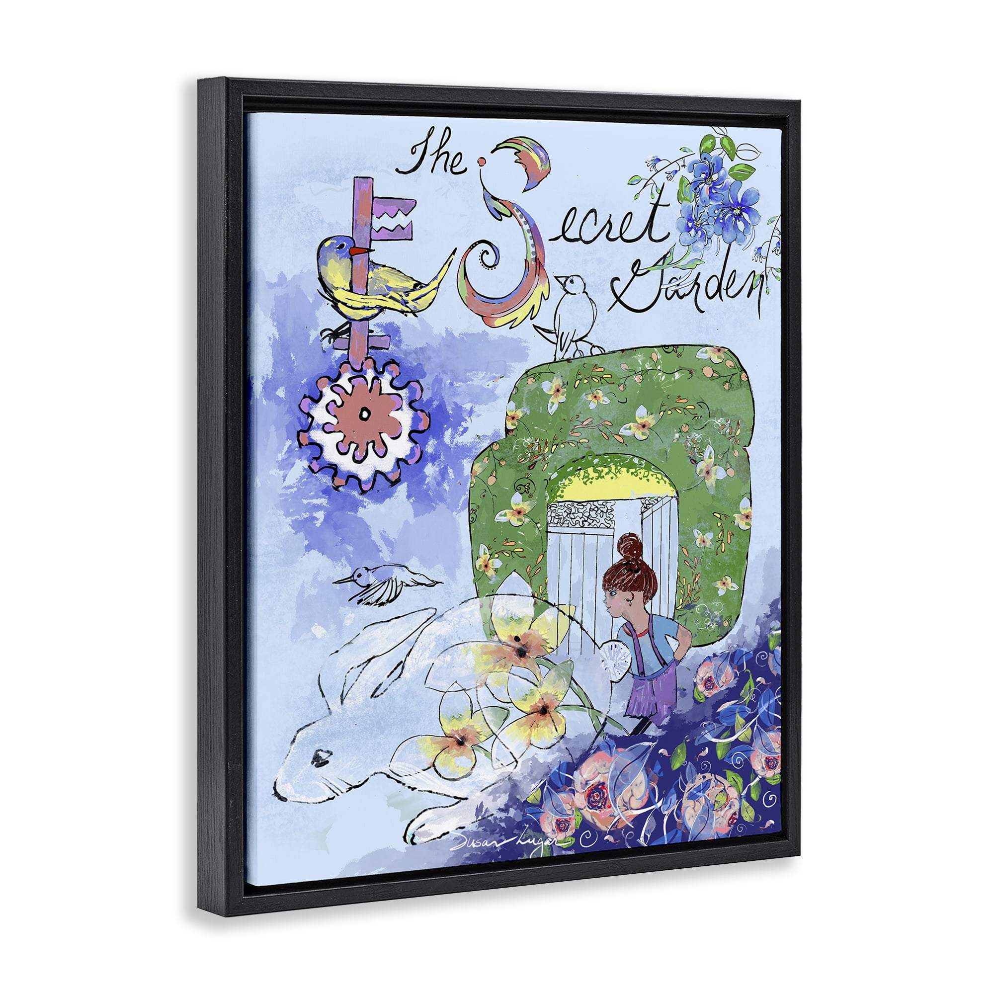 Stupell Industries Secret Garden Folk Illustration Black Framed Floater Canvas Wall Art, design by Susan Lugar