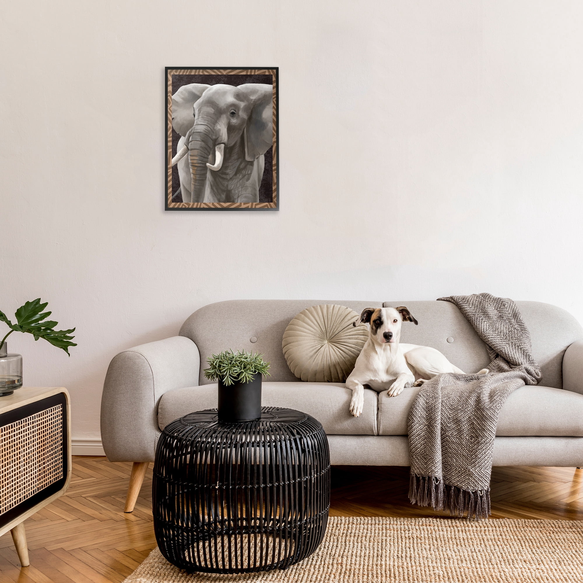 Stupell Industries Elephant with Geometric Border Animals & Insects Painting Black Framed Art Print Wall Art, 24 x 30