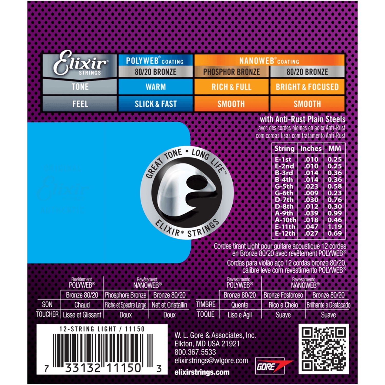 Elixir 11150-U PolyWeb 80-20 Bronze 12-String Light Acoustic Guitar Strings Set