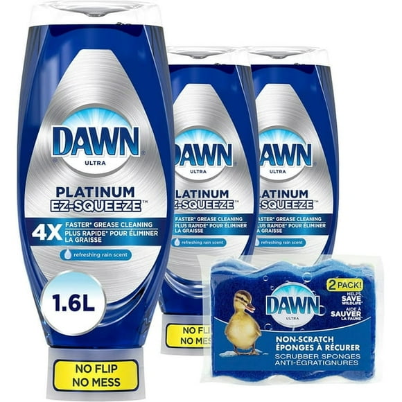 Dawn EZ-Squeeze Liquide Vaisselle Platinum, Parfum Pluie Rafraîchissante 535 ml (Lot de 3) + Éponges de Cuisine Non Rayantes Dawn (Lot de 2)