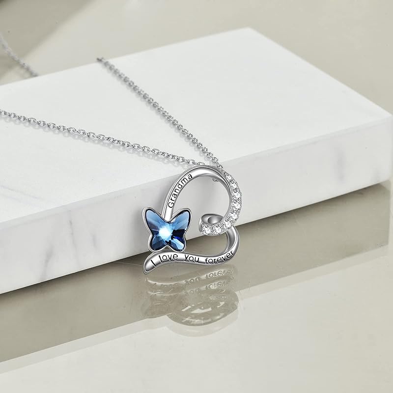 Granddaughter/Grandma/Nana/Daughter/Sister Necklace Gifts for Women 925 Sterling Silver with Blue Butterfly Crystal Heart Necklace, Valentine's Gifts for women