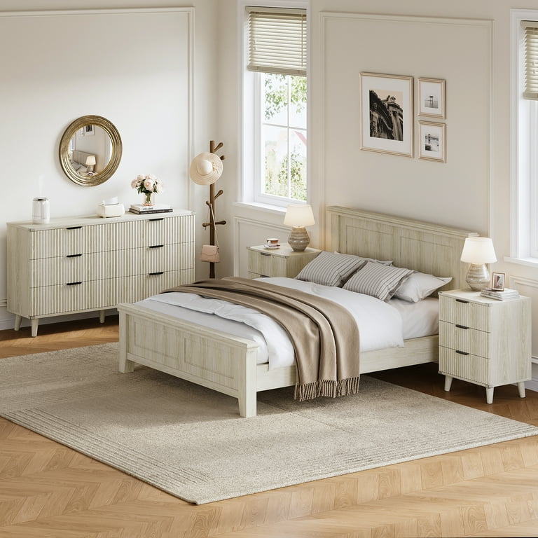 white modern dresser and nightstand set Amazon.com: NOVAMAISON 7 Drawer Dresser & Nightstand Set, 3-Piece White Fluted Dresser and Night Stand Set of 2 with Metal Handle, Modern Wood Chest of Drawers Storage Dressers Set for Bedroom, White :