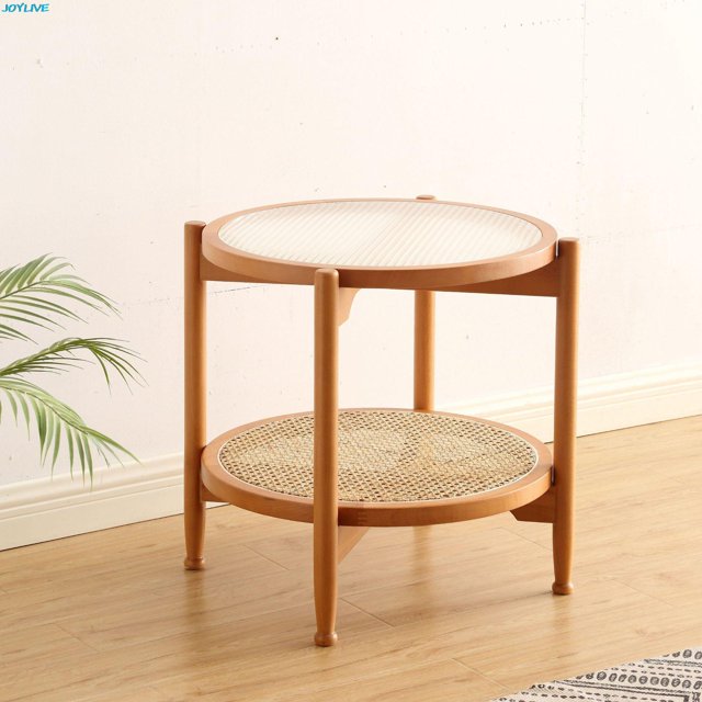 JOYLIVE-mesa de centro de ratán de doble capa para el hogar, mesa de madera maciza desmontable, redonda de vidrio, pequeña, japonesa, novedad de 2022, envío directo