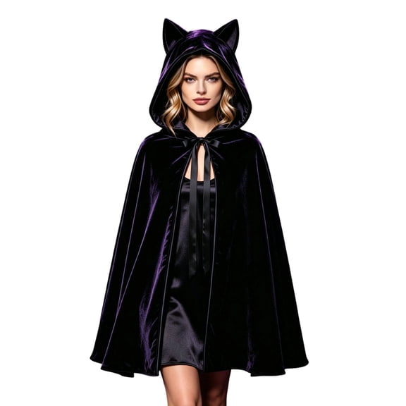 REDARER Gothic Velvet Short Cape with Cat Ear Hood Women Cosplay Cloak for Halloween Witch Themed Party Gothic Role Play Dress Up Outfit,One Size