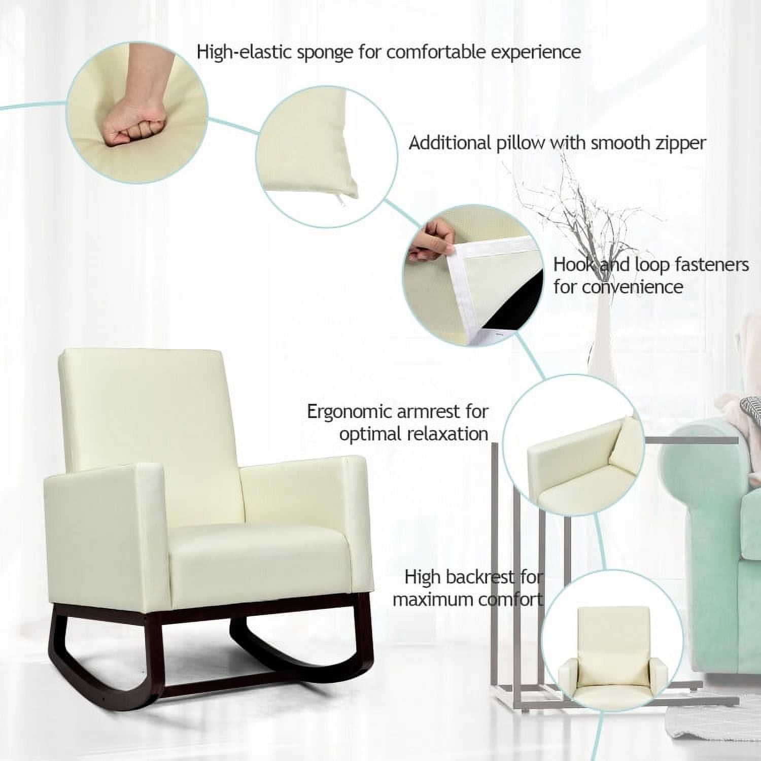 Finihen Rocking Chair, 2-in-1 Fabric Upholstered Rocking Chair, Armchair with Pillow, for Living Room, Beige Finihen Rocking Chair, 2-in-1 Fabric Upholstered Rocking Chair, Armchair with Pillow, for Living Room, Beige