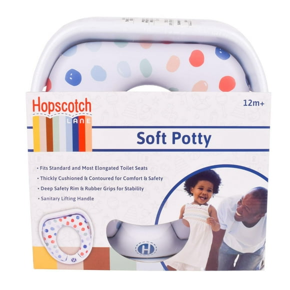 Siège d'entraînement pour pot enfant en bas âge Hopscotch Lane avec crochet de rangement et poignées, unisexe. Siège de toilette souple + crochet de rangement