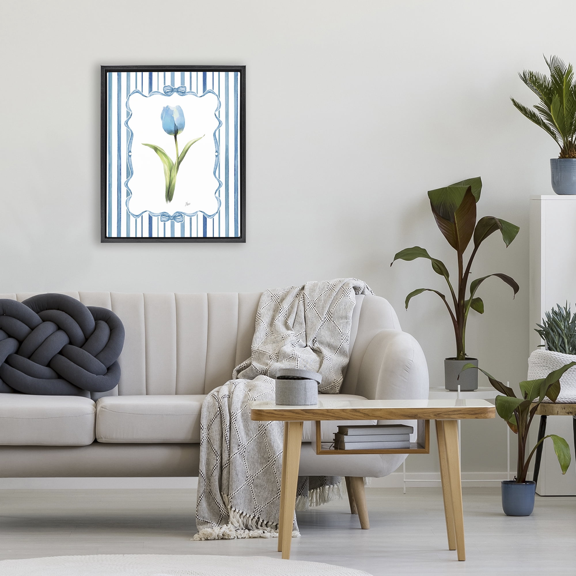 Stupell Industries Single Blue Tulip Stripes Black Framed Floater Canvas Wall Art, design by Nan