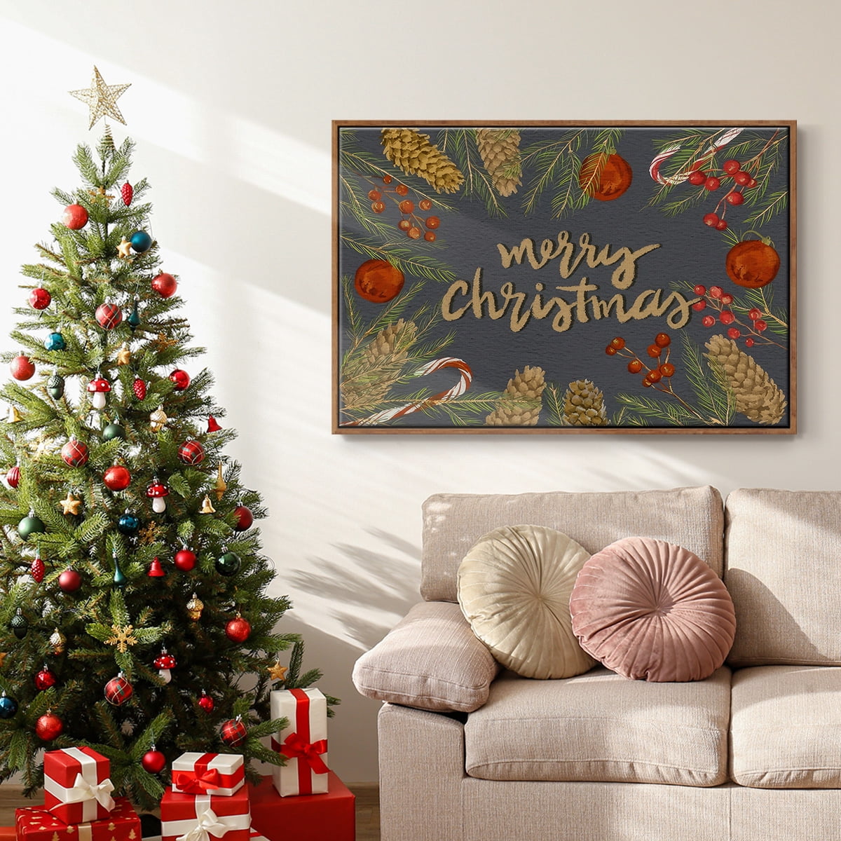 Holiday Sentiment I - Framed Gallery Wrapped Holiday Canvas - 17 x 25 - Rosewood Frame