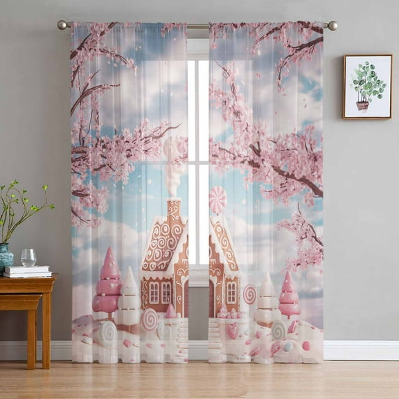 Pink Christmas Sheer Curtains 72 Inches Long, Farmhouse Botanical Tree Xmas Snowflake Light Filtering Window Curtains for Living Room, Rod Pocket Voile Sheer Curtain Drapes, 52"Wx72"L, 2 Panels