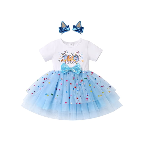IDOPIP Toddler Birthday Girl Sparkle Confetti Ruffle Tutu Dress Baby Dog Ears Hair Clips Outfit Cake Crush Smash Photo Shoot 2T Blue Letters