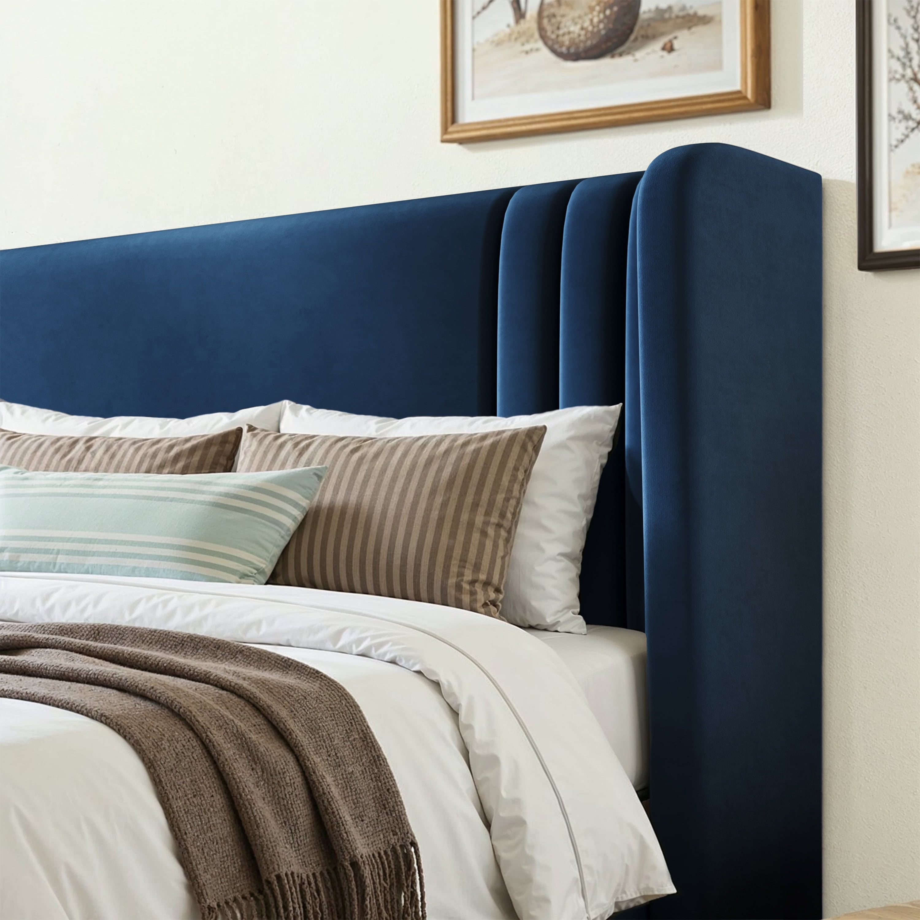 Einfach King Size Upholstered Bed Frame, Platform Bed with Velvet Wingback Headboard, Blue