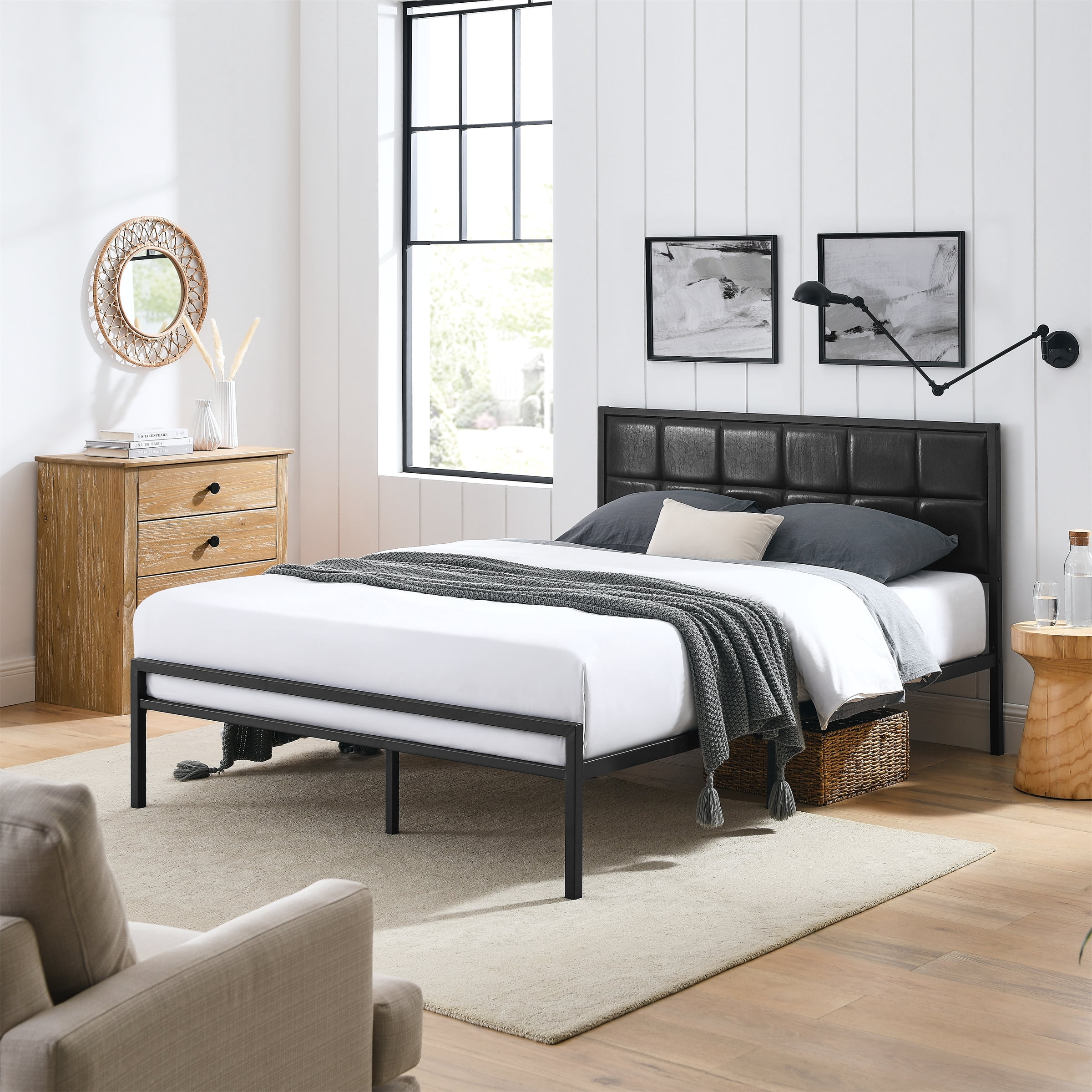 BSHTI QUEEN Size Platform Bed Frame, with Upholstered Headboard, Adjustable Headboard, Faux Leather Upholstery, and Center Support Leg, Easy Assembly Black