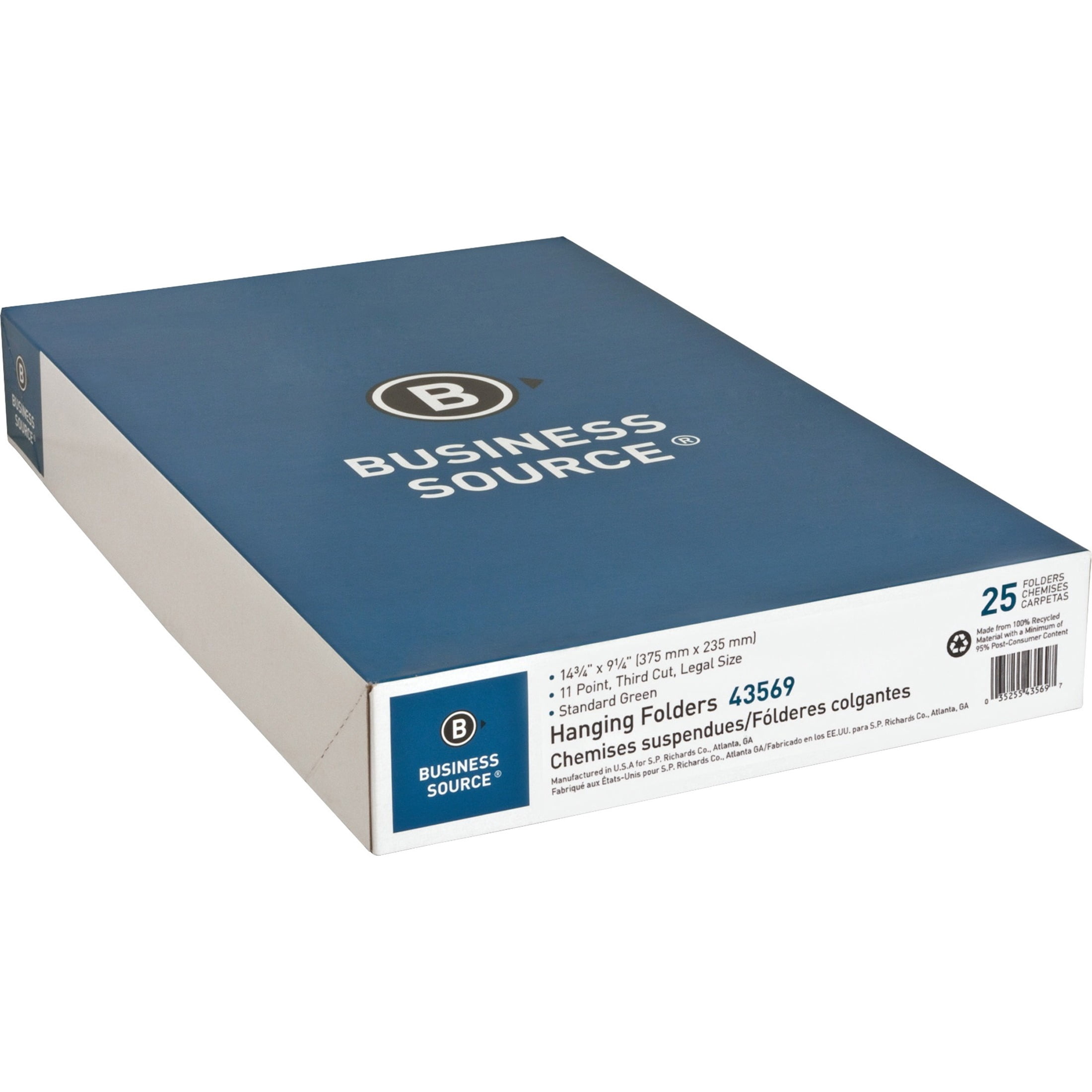 Business Source, BSN43569, 1/3 Cut Legal-size Hanging File Folders, 25 / Box, Green