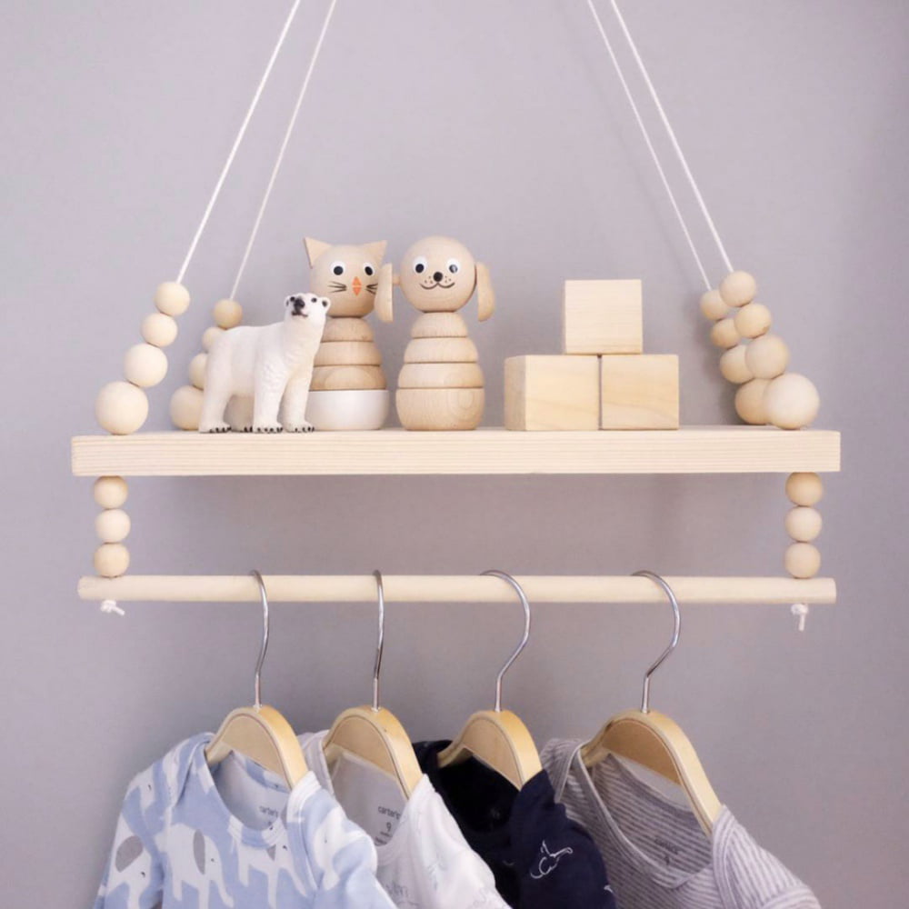 Brand Clearance!!Nordic Style Wooden Beads Wall Hanging Shelf Swing Rope  Floating Shelves Display Storage Rack Hanging Decor for Home Art Supplies 