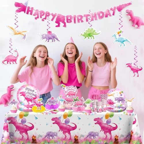 181pcs Pink Dinosaur Birthday Decorations Tableware Set, Watercolor Party Supplies with Banner Plates Cups Tablecloth for Girls Dinosaur Birthday Decorations, Serve 25