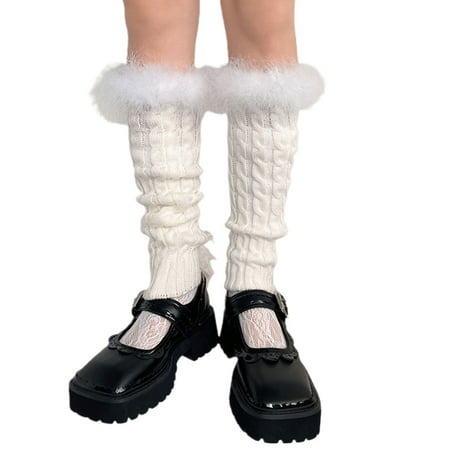 

hirigin Women s Cable Knit Leg Warmers Solid Color Fur Trim Boot Cuffs Casual Slouch Socks