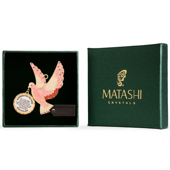 Matashi English Judaica Pink Dove Home Blessing Hanging Wall Ornament with Crystals (Pewter) Beautiful Decor for Bedroom Kitchen Living Family Room Hanging Art for Peace Joy Success Gift for New Year