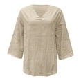 thumbnail image 4 of MIXUE Boho Tops For Women Summer Linen Solid Color V Neck Short Sleeve Casual Pullover Shirts For Women T Shirts Sportswear,Beige,S, 4 of 5