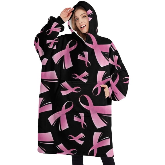 Oversized Wearable Blanket Hoodie,Pink Breast Cancer Sherpa Blanket Hoodie with Super Pockets,Super Warm Fuzzy Pullover for Women & Men