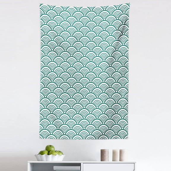 Teal Tapestry, Traditional Japanese Chinese Seigaiha Pattern Abstract Scales Inspirations, Fabric Wall Hanging Decor for Bedroom Living Room Dorm, 5 Sizes, Jade Green White, by Ambesonne