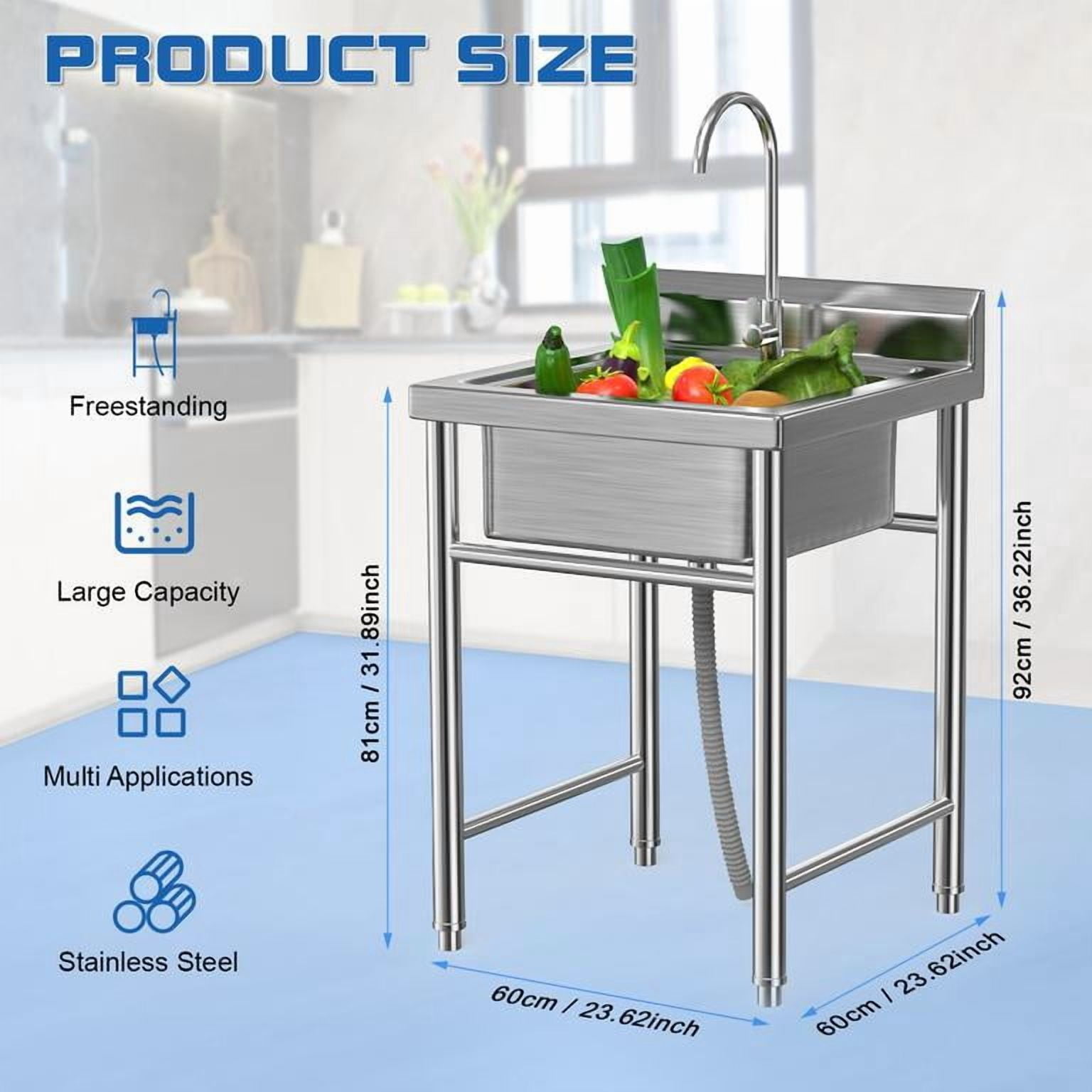 Mohsoe Freestanding Laundry Sink 60 x 60 cm, Stainless Steel Utility Sink with Deep Enlarged Basin, High Splash Guard, No Drilling Easy Assembly, for Kitchen Backyard