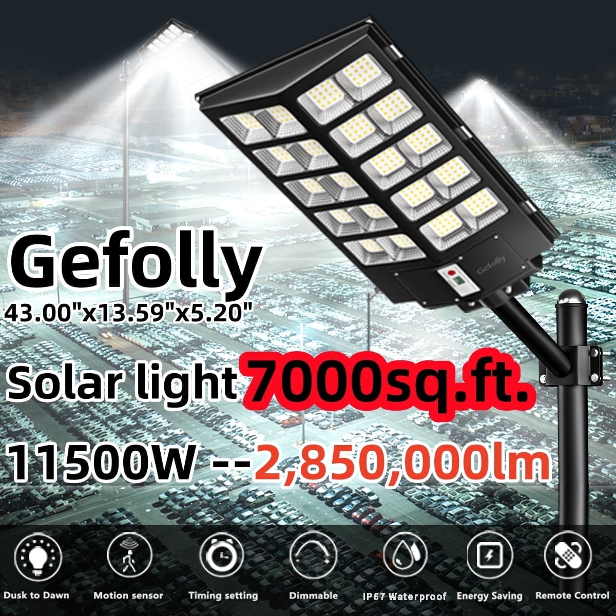 Gefolly 11500W Solar Street Lights Outdoor, Security Flood Lights ,Solar Dusk to Dawn Lights Outdoor with Motion Sensor