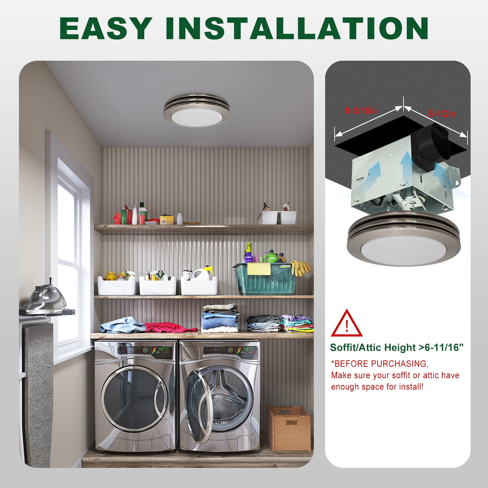 Akicon Exhaust Fan, 80CFM 2.0 Sones Bathroom Exhaust Fan with Light, Bathroom Fan with Dimmable 3CCT LED Light and Acrylic Light Cover, Bath Ventilation Fan for Home, Round, Brushed Nickel