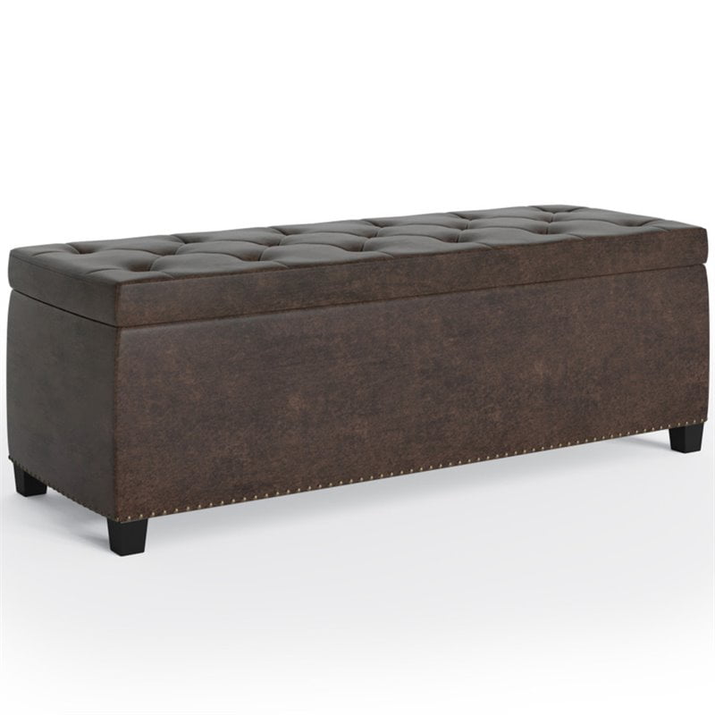Simpli Home Hamilton 48" Wide Faux Leather Storage Bench in Distressed