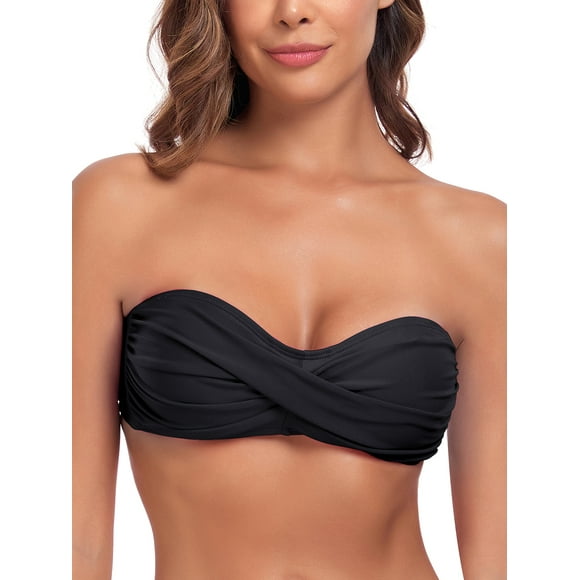 Ocean Blues Women's Halter Bikini Top with Removable Straps Twist Bandeau Swimsuit Top Black Bathing Suit for Women, Size M