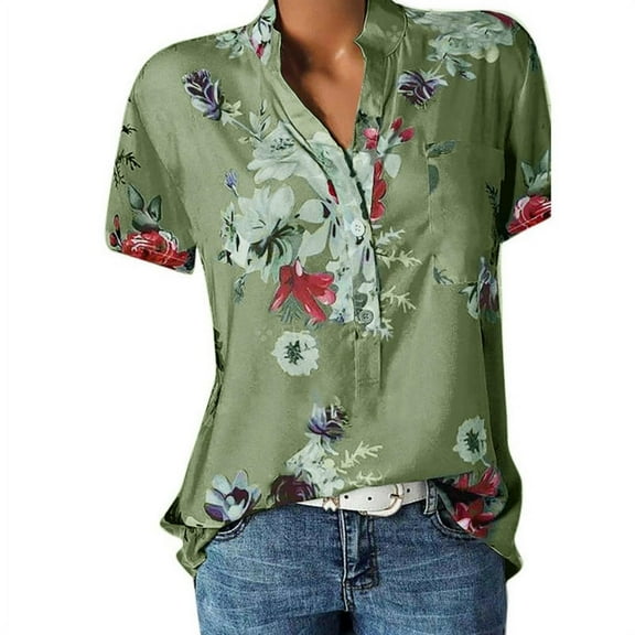 Women Chiffon Blouse V-neck Short Sleeve Shirts Floral Print Tops Blouse