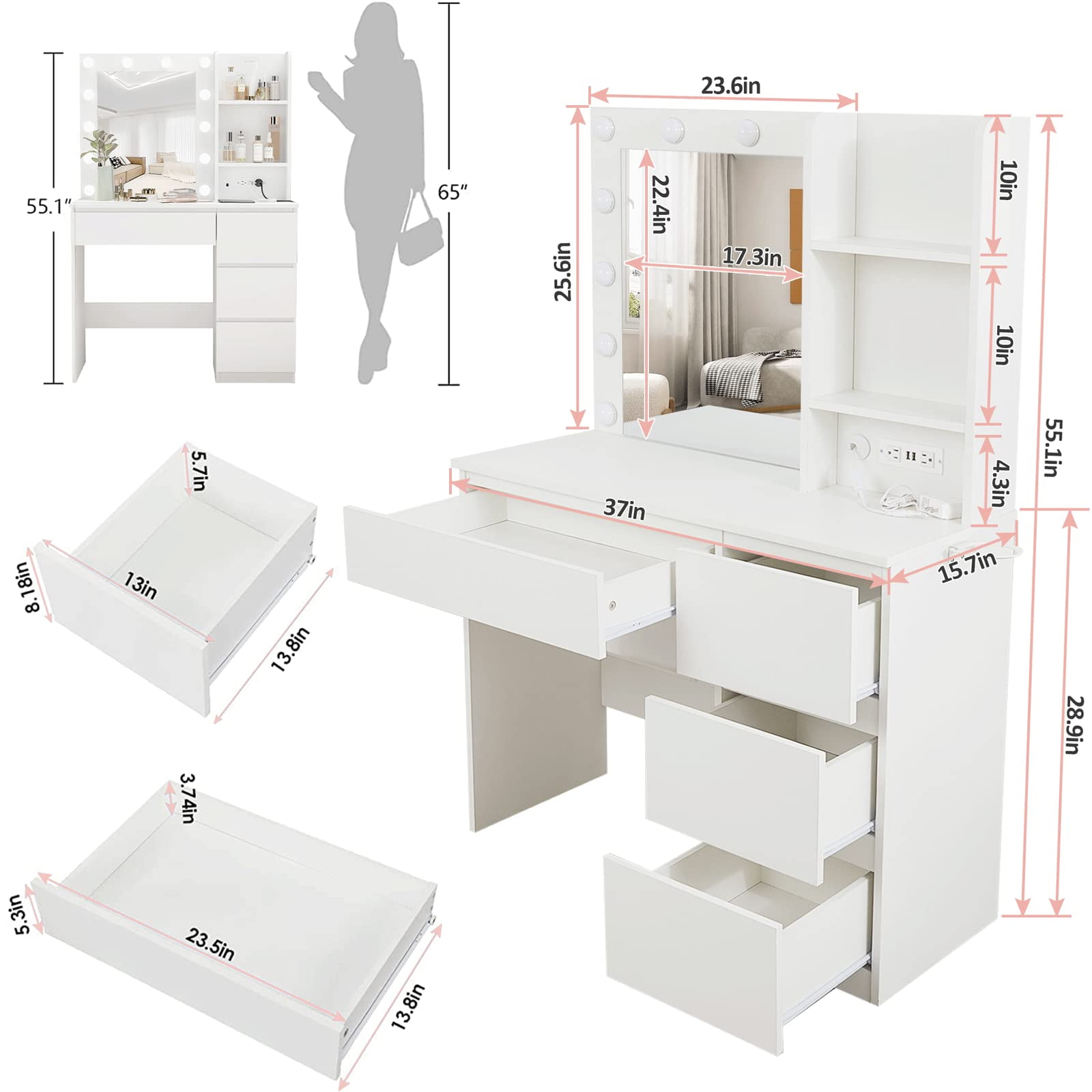 Veanerwood Makeup Vanity with Lights, Bedroom Vanity Table with Power Strip, Modern Dressing Table, 4 Drawers, White