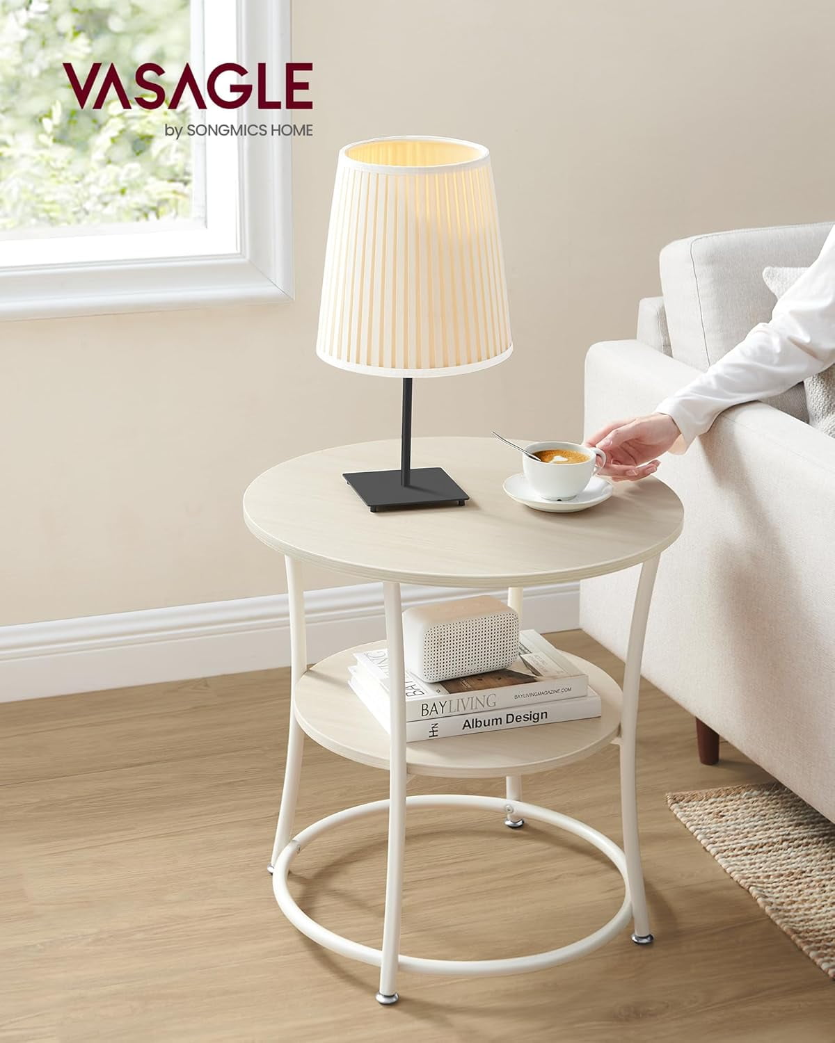 VASAGLE 21.7-Inch Round Side Table, 2-Tier End Table, Nightstand with Steel Frame, Spacious Top, for Small Spaces, Living Room, Bedroom, Natural Beige