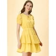 thumbnail image 2 of INSPIRE CHIC Women's Tie Neck Ruched Sleeve Elastic Waist A-Line Double Layers Ruffle Hem Short Dress, 2 of 6