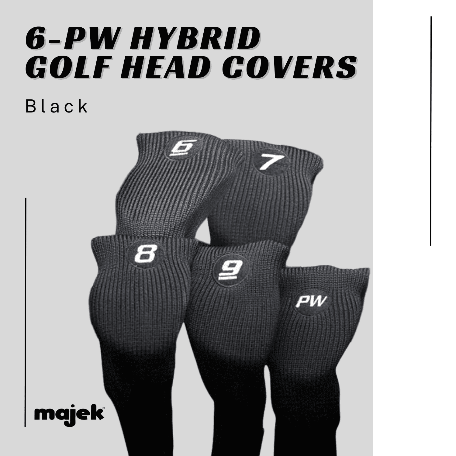 Majek All Hybrid Head Cover Golf Club Black Sleek Tight Fit Headcover Set 6-PW Acrylic Head Covers 6 7 8 9 PW Easy to See Large White Embroidered Numbers