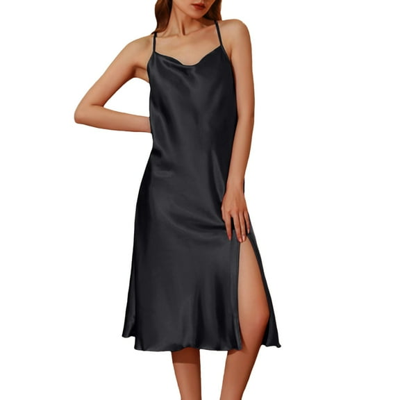 Women Nightgown Soft Comfortable Loungewear Open Leg Side Slits Solid Color Sleepwear