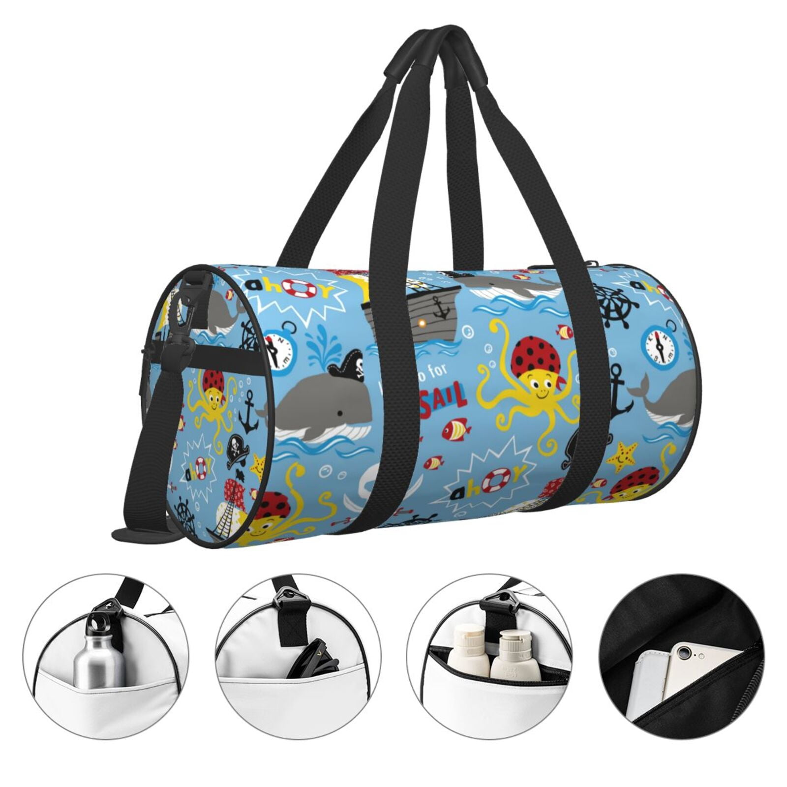 Vsdgher Pirate Marine Animals 45L Foldable Duffel Bag, Sports Gym Bag,Overnight Bag, Portable Weekender Bag for Airplanes