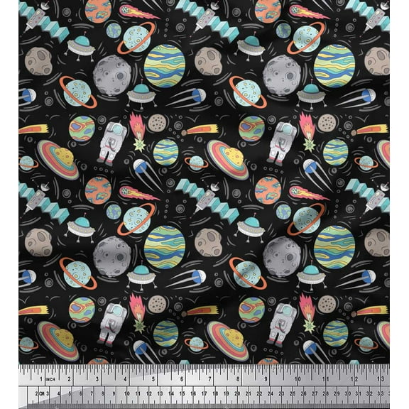 Soimoi Black Cotton Duck Fabric Satellite & Planet Galaxy Fabric Prints By Yard 42 Inch Wide